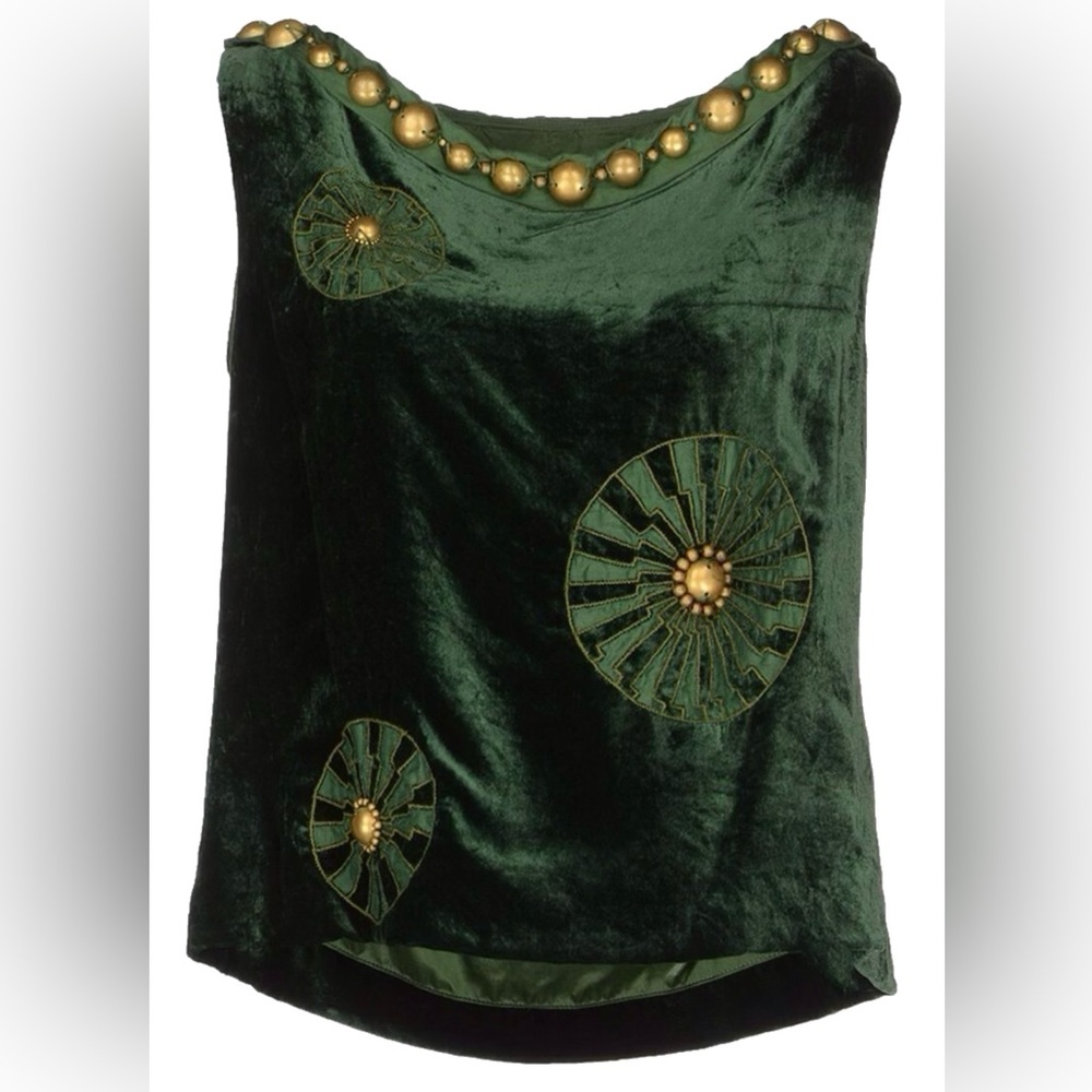 Easton Pearson Emerald Velvet Art Deco Beaded Top | Silk Trim | US 8
